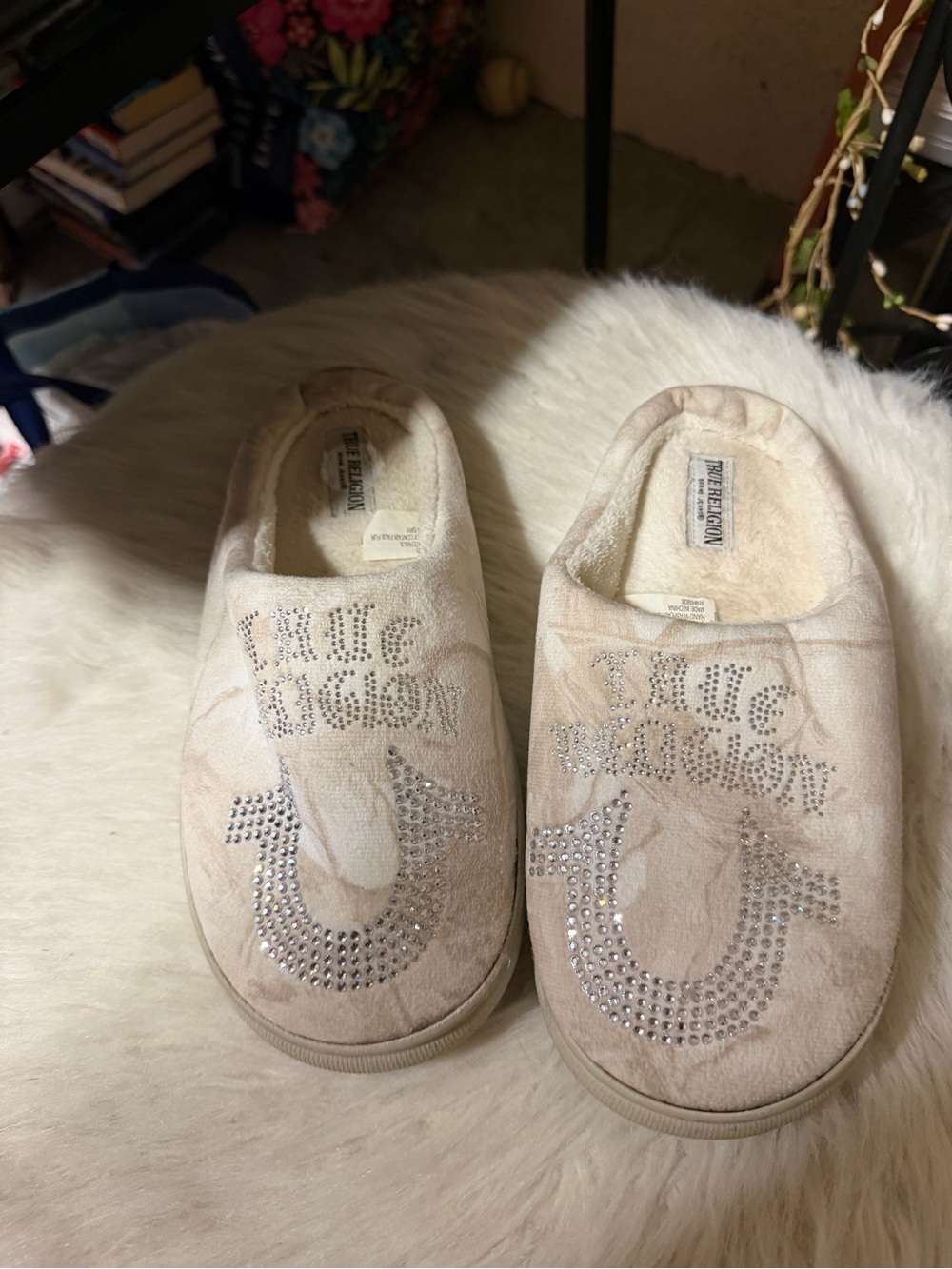 True Religion Kids Beige Slip-On Slippers with Rhinestone Logo